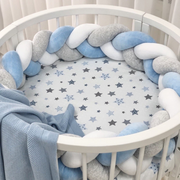 Husa saltea rotunda patut bebe copii cu elastic, Stelute albastre (4)